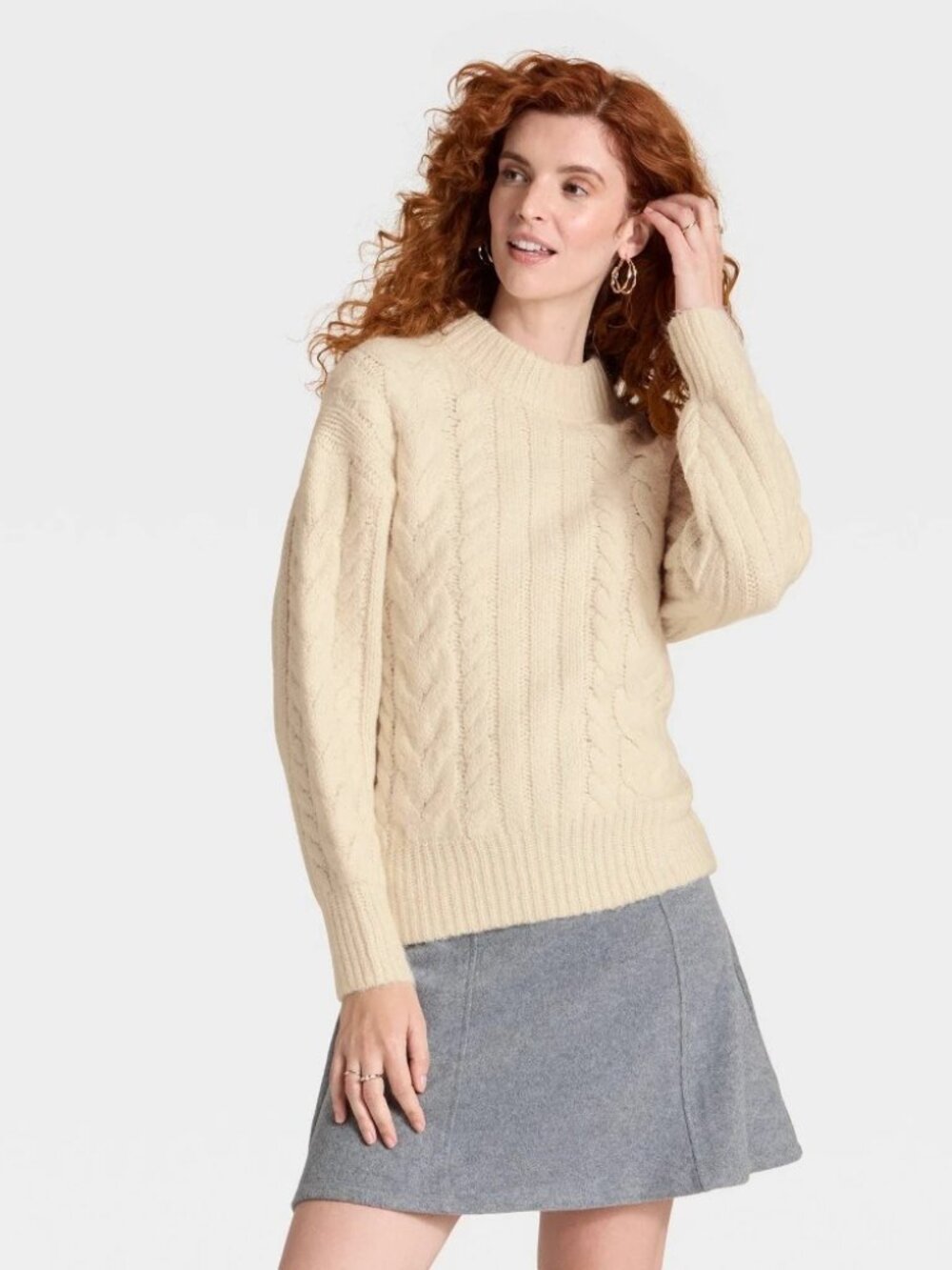 a new day Women's Beige Long Sleeve Cabled Tunic Sweater Ribbed Knit Wool Blend